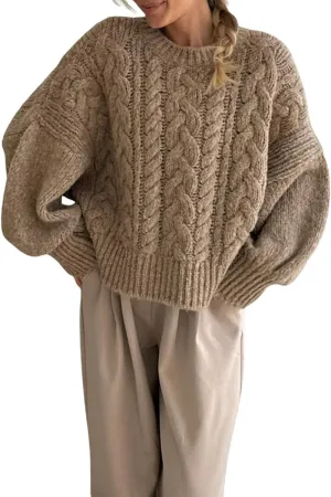 Women Cable Knit Crop Sweater Lantern Long Sleeve Crewneck Knitted Pullover Jumper Top Fall Cozy Oversized Knitwear