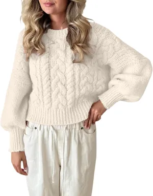 Women Cable Knit Crop Sweater Lantern Long Sleeve Crewneck Knitted Pullover Jumper Top Fall Cozy Oversized Knitwear