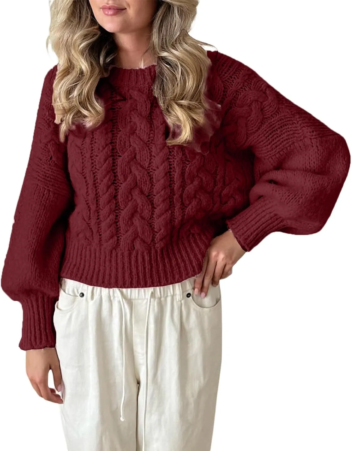 Women Cable Knit Crop Sweater Lantern Long Sleeve Crewneck Knitted Pullover Jumper Top Fall Cozy Oversized Knitwear