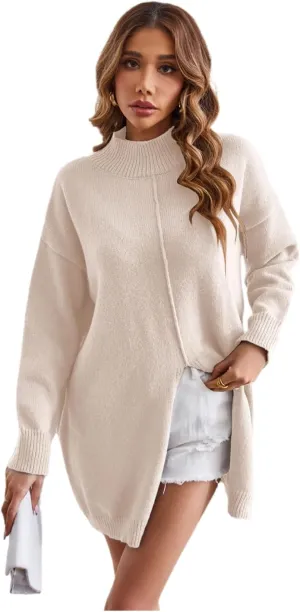 Women Casual Soft Sweaters Turtleneck Split Oversized Loose Pullover Tops Solid Knit Long Sleeve Jumper Tops