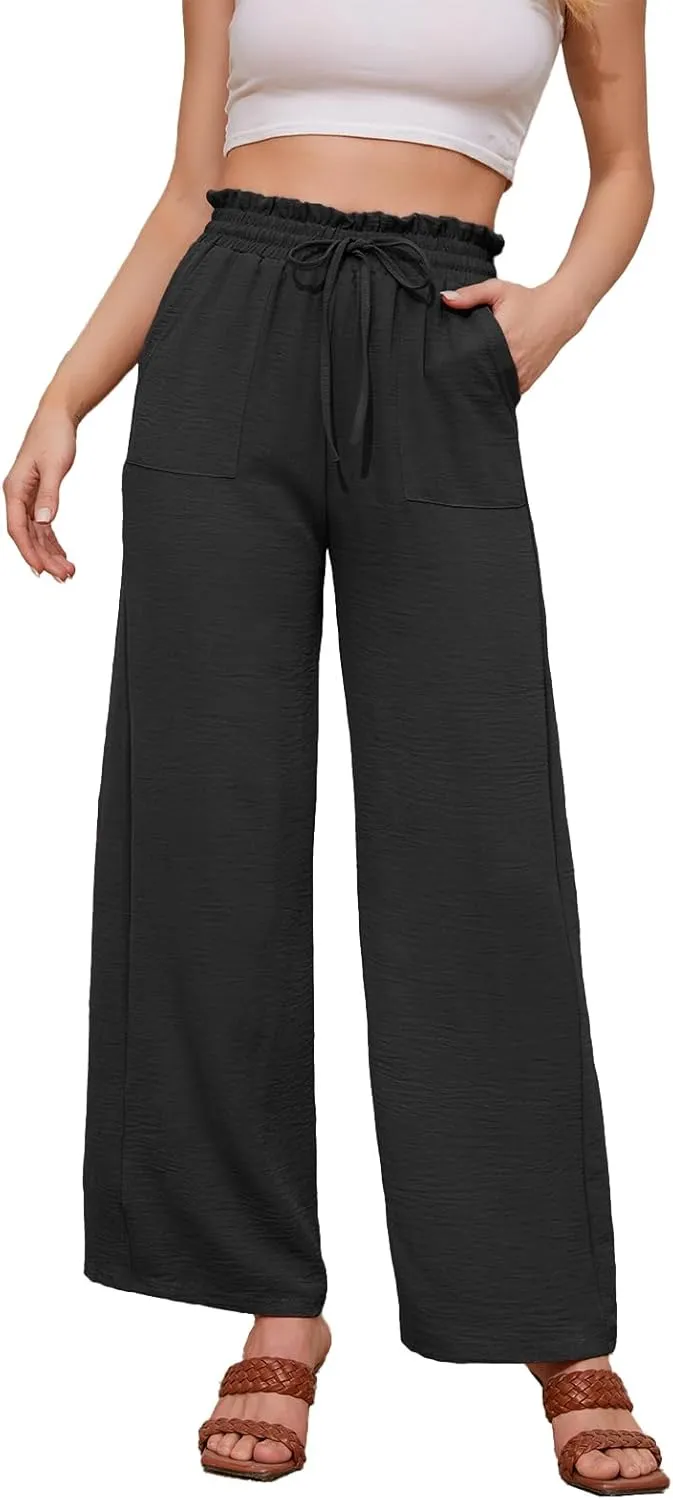 Women Casual Wide Leg Pants Womens Linen Pants Drawstring Waist Flowy Pants Summer Beach Pants with Pockets