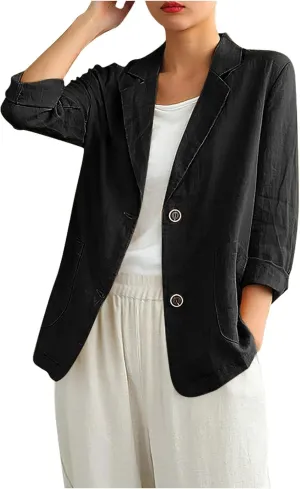 Women Cotton Linen Business Blazer Summer Lightweight Casual Button Frint Work Jacket Lapel Long Sleeve Outwear with Pockets