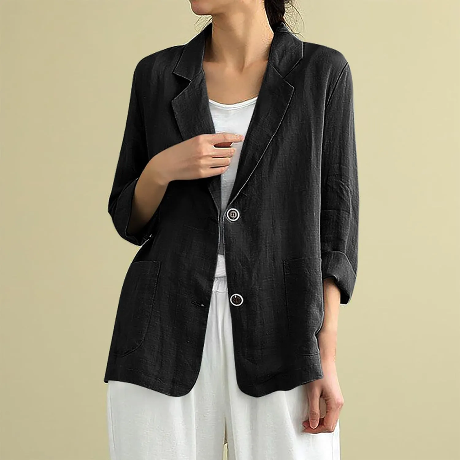 Women Cotton Linen Business Blazer Summer Lightweight Casual Button Frint Work Jacket Lapel Long Sleeve Outwear with Pockets