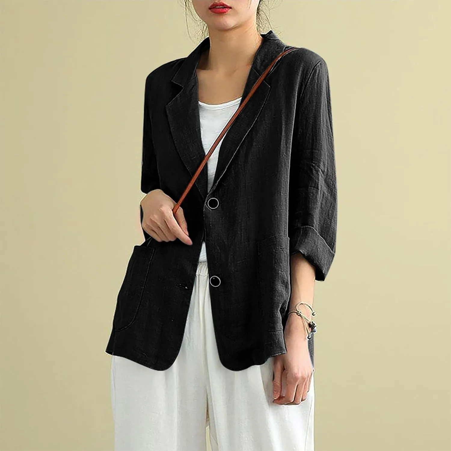 Women Cotton Linen Business Blazer Summer Lightweight Casual Button Frint Work Jacket Lapel Long Sleeve Outwear with Pockets