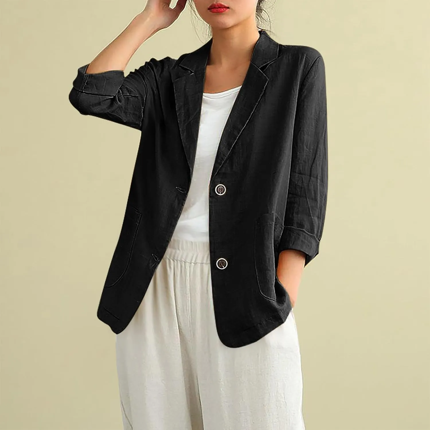 Women Cotton Linen Business Blazer Summer Lightweight Casual Button Frint Work Jacket Lapel Long Sleeve Outwear with Pockets