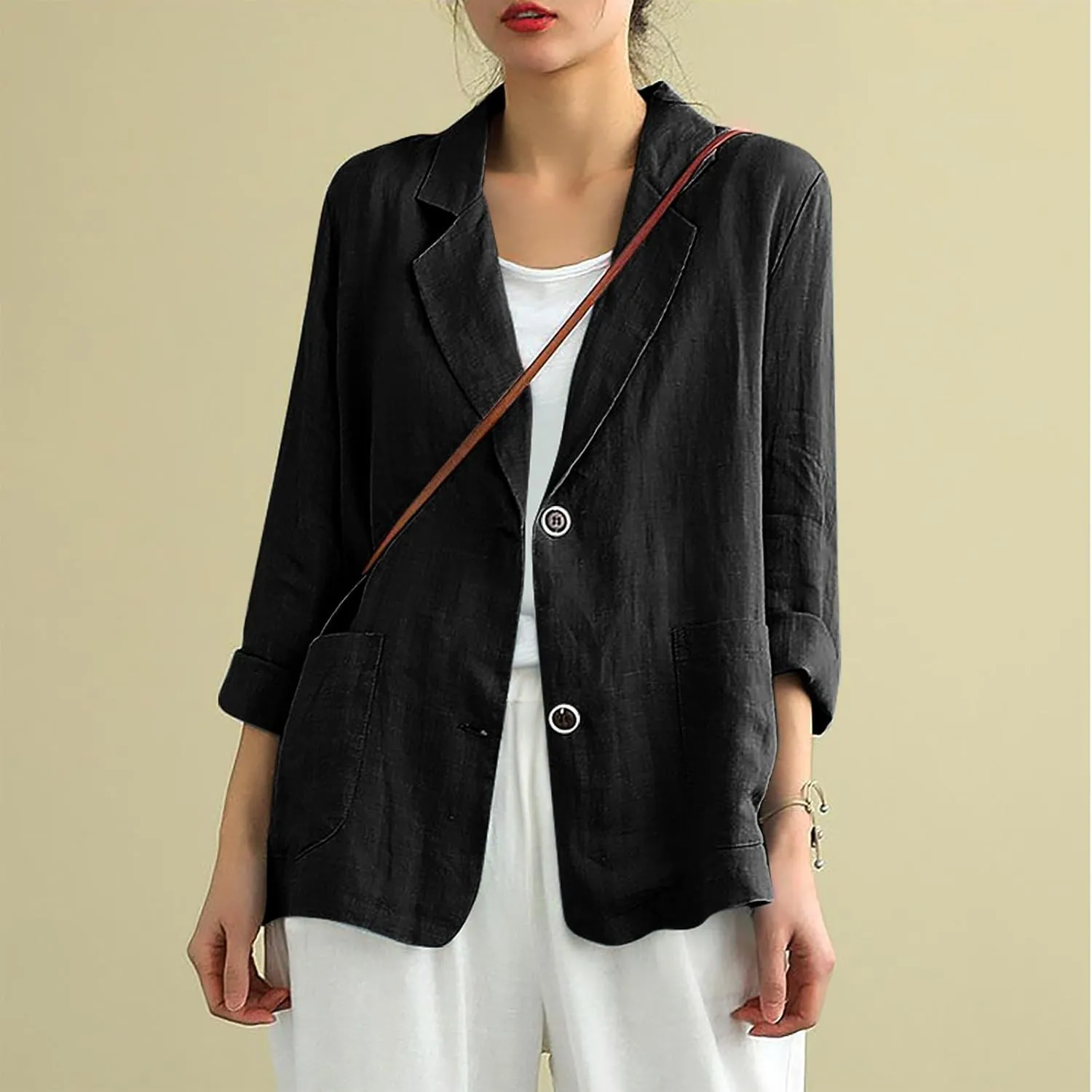 Women Cotton Linen Business Blazer Summer Lightweight Casual Button Frint Work Jacket Lapel Long Sleeve Outwear with Pockets