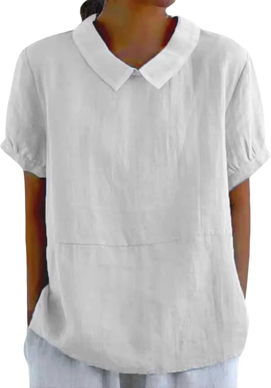 Women Cotton Linen Tops Summer Solid Collared Short Sleeve Shirt Casual Loose Tunic Tops Blouses 2024