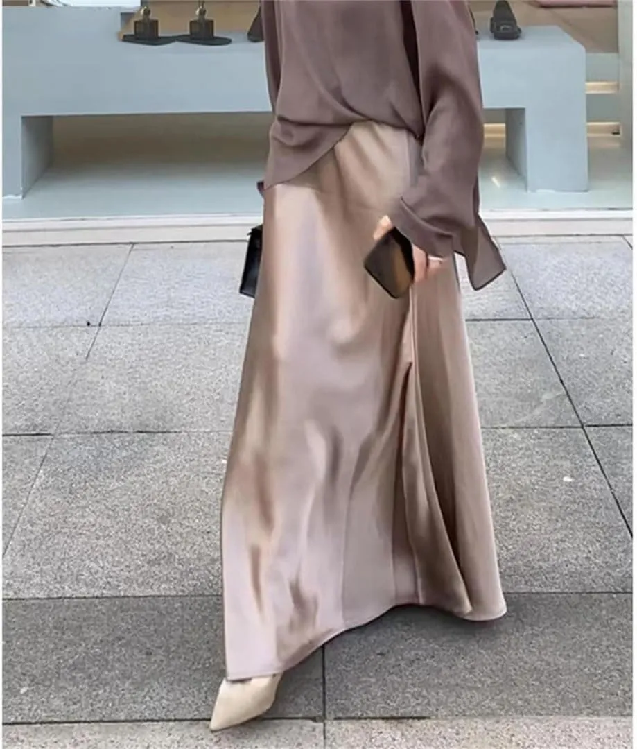 Women Elegant Satin Skirts High Waist Loose Long Skirts