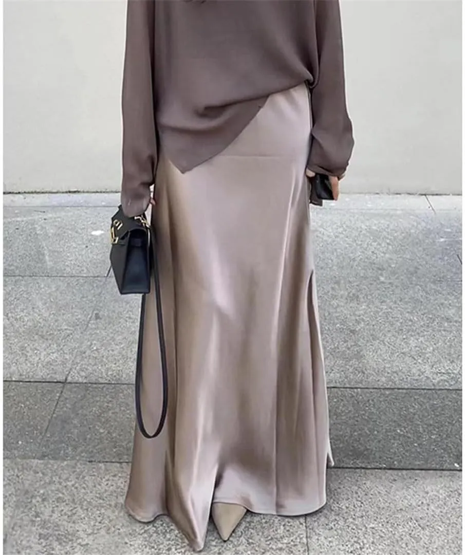 Women Elegant Satin Skirts High Waist Loose Long Skirts