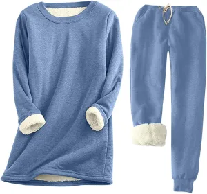 Women Fleece Lined Lounge Set Fall Winter 2 Piece Loungewear Soft Warm Fuzzy Pajamas Long Sleeve Tops with Pants Sets
