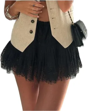 Women Floral Lace Mini Skirts Y2K Low Waist Pleated Ruffled Hem Layered Skirts Short Skirts Aesthetic Underskirt
