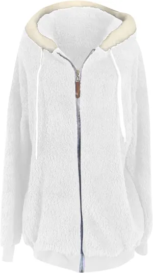 Women Furry Hooded Jacket Winter Warm Coats Plus Size Zip Up Hoodie Plush Fuzzy Jackets Casual Outerwear