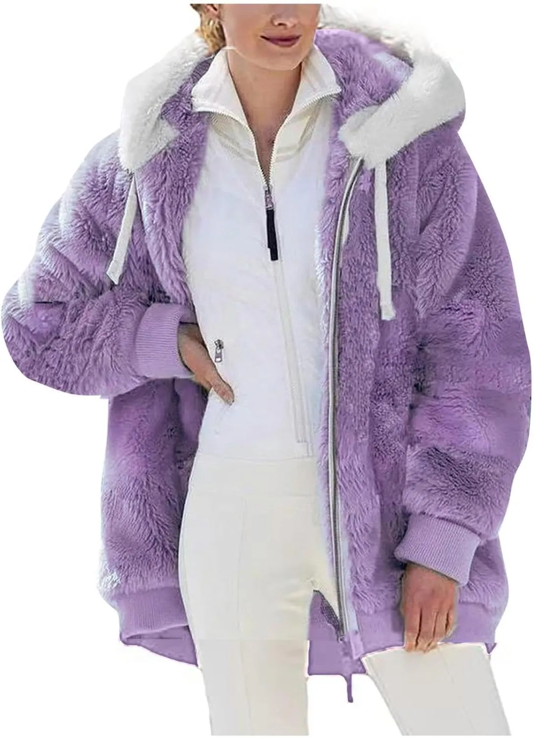 Women Furry Hooded Jacket Winter Warm Coats Plus Size Zip Up Hoodie Plush Fuzzy Jackets Casual Outerwear