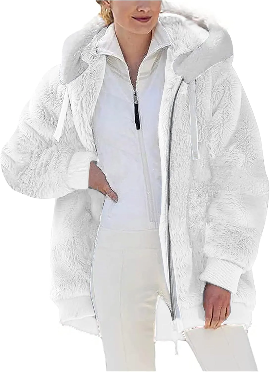 Women Furry Hooded Jacket Winter Warm Coats Plus Size Zip Up Hoodie Plush Fuzzy Jackets Casual Outerwear