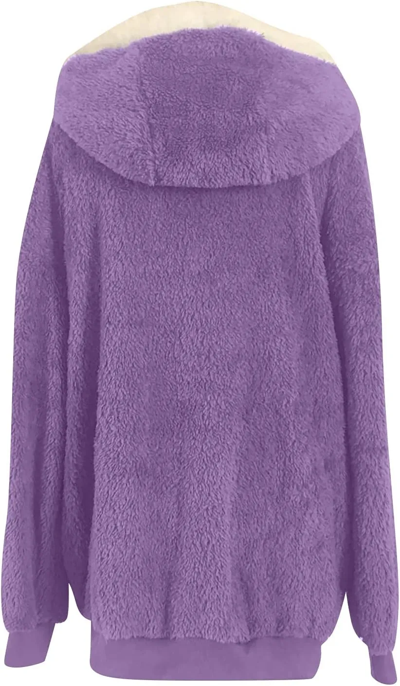 Women Furry Hooded Jacket Winter Warm Coats Plus Size Zip Up Hoodie Plush Fuzzy Jackets Casual Outerwear