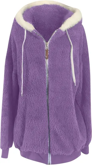 Women Furry Hooded Jacket Winter Warm Coats Plus Size Zip Up Hoodie Plush Fuzzy Jackets Casual Outerwear