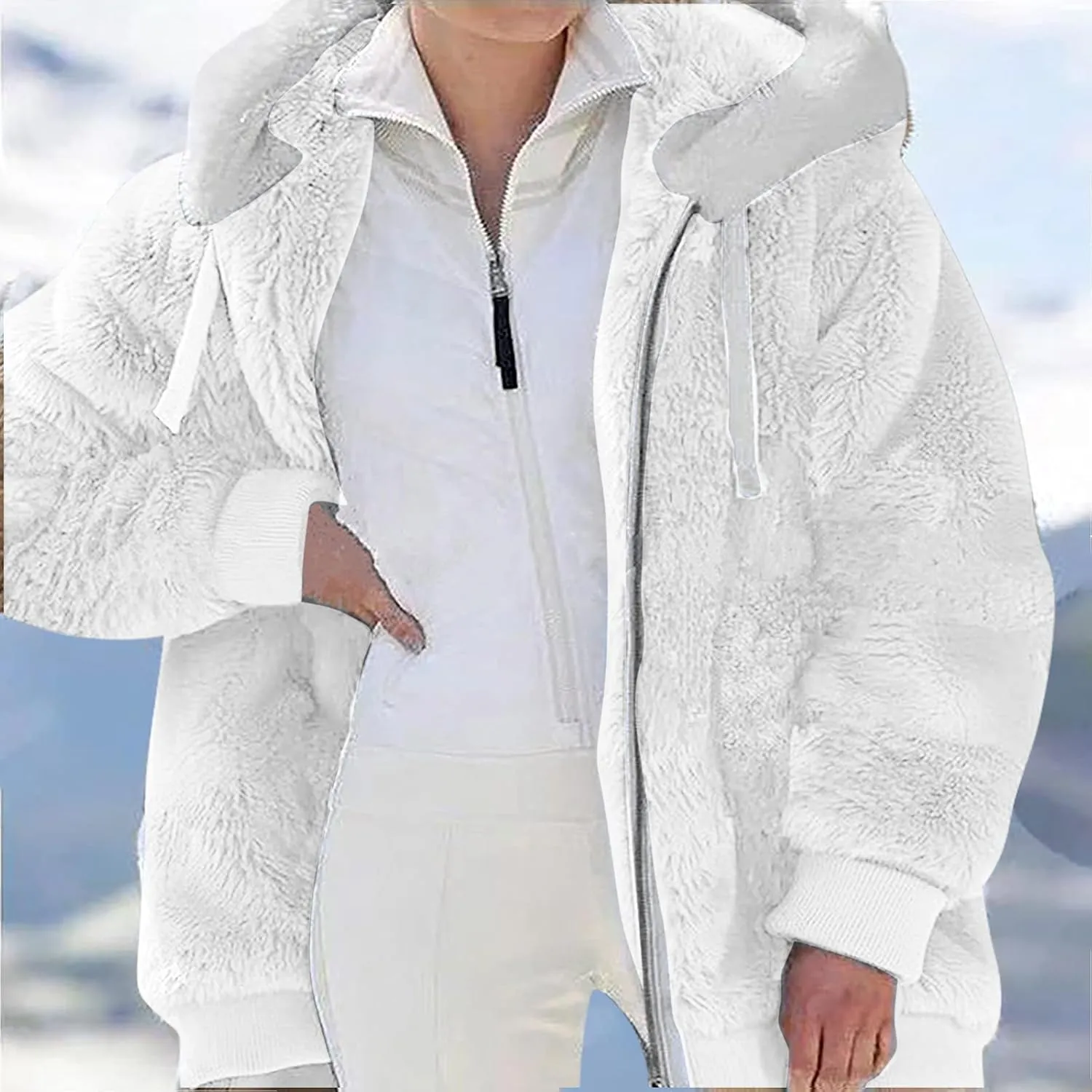 Women Furry Hooded Jacket Winter Warm Coats Plus Size Zip Up Hoodie Plush Fuzzy Jackets Casual Outerwear