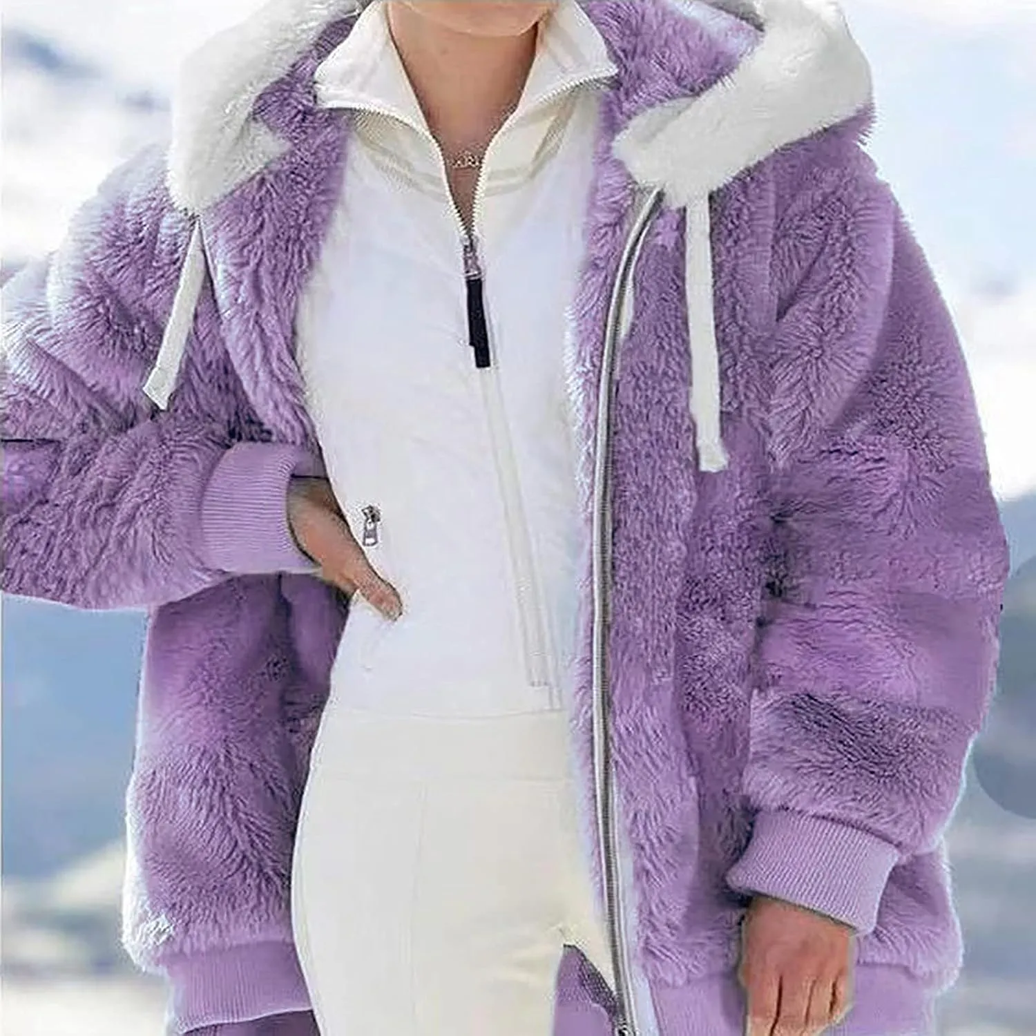 Women Furry Hooded Jacket Winter Warm Coats Plus Size Zip Up Hoodie Plush Fuzzy Jackets Casual Outerwear