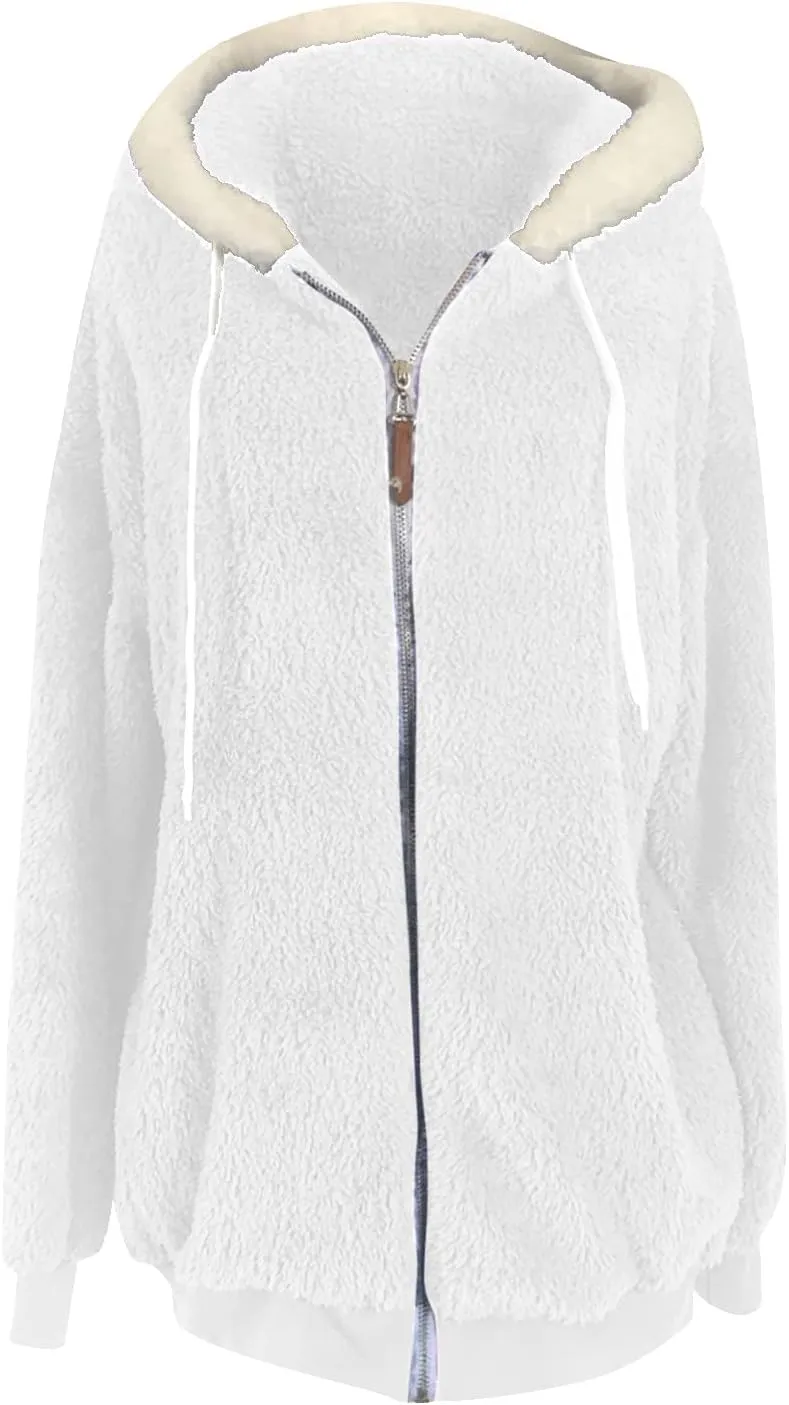 Women Furry Hooded Jacket Winter Warm Coats Plus Size Zip Up Hoodie Plush Fuzzy Jackets Casual Outerwear