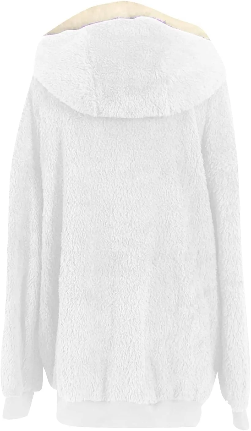 Women Furry Hooded Jacket Winter Warm Coats Plus Size Zip Up Hoodie Plush Fuzzy Jackets Casual Outerwear