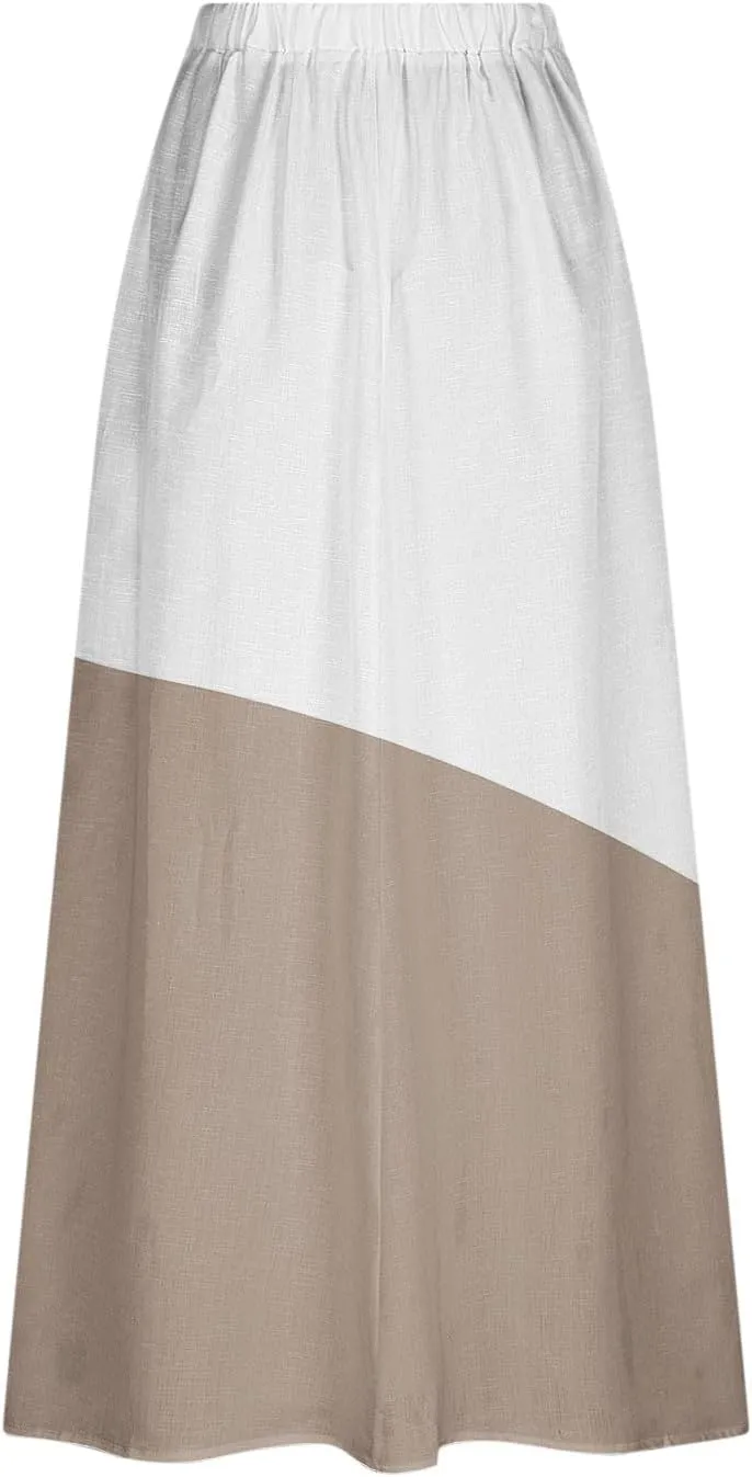 Women Gradient Skirts Elastic Waist Color Block Casual Skirt Loose Flowy Long Skirts Summer Beach Skirt with Pocket