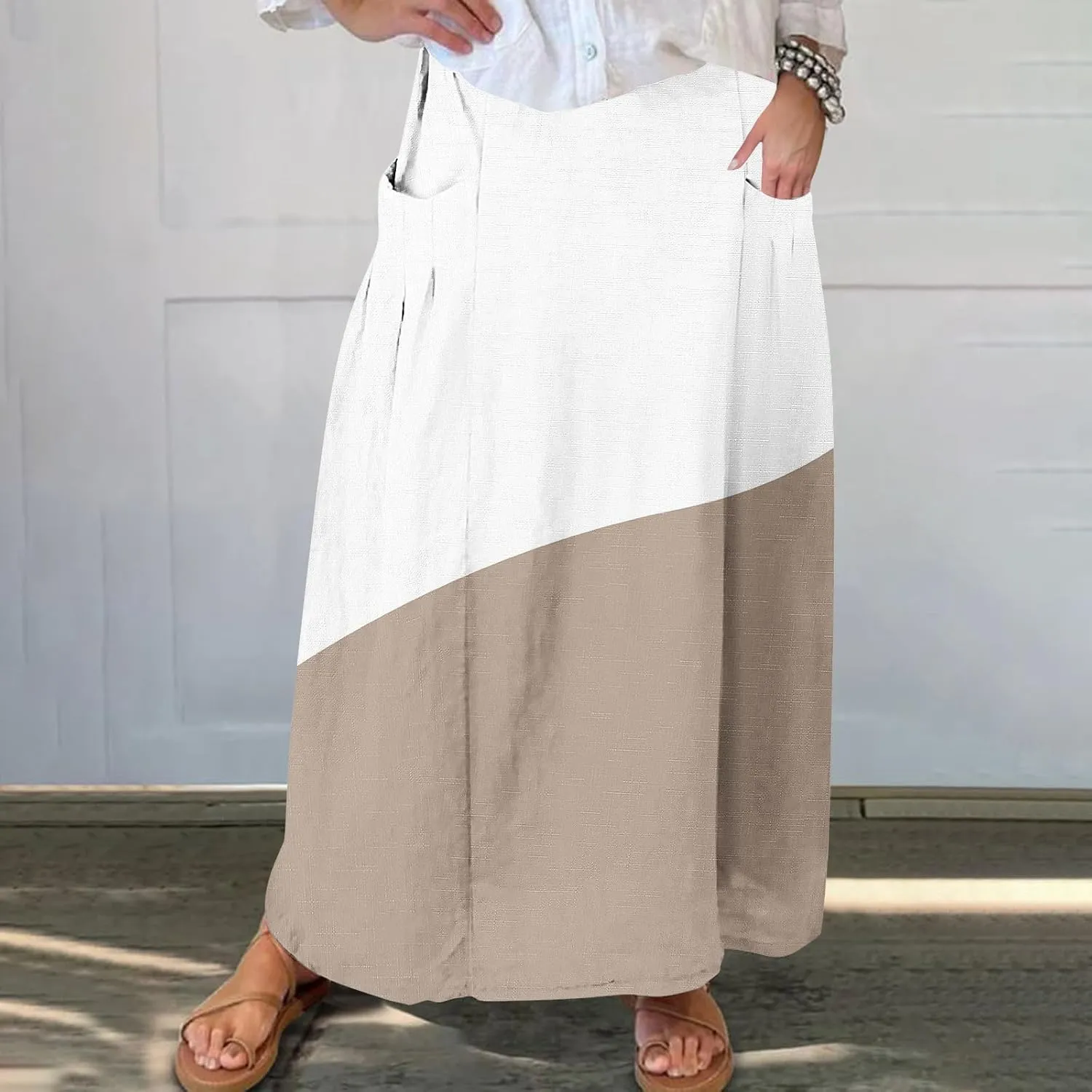Women Gradient Skirts Elastic Waist Color Block Casual Skirt Loose Flowy Long Skirts Summer Beach Skirt with Pocket
