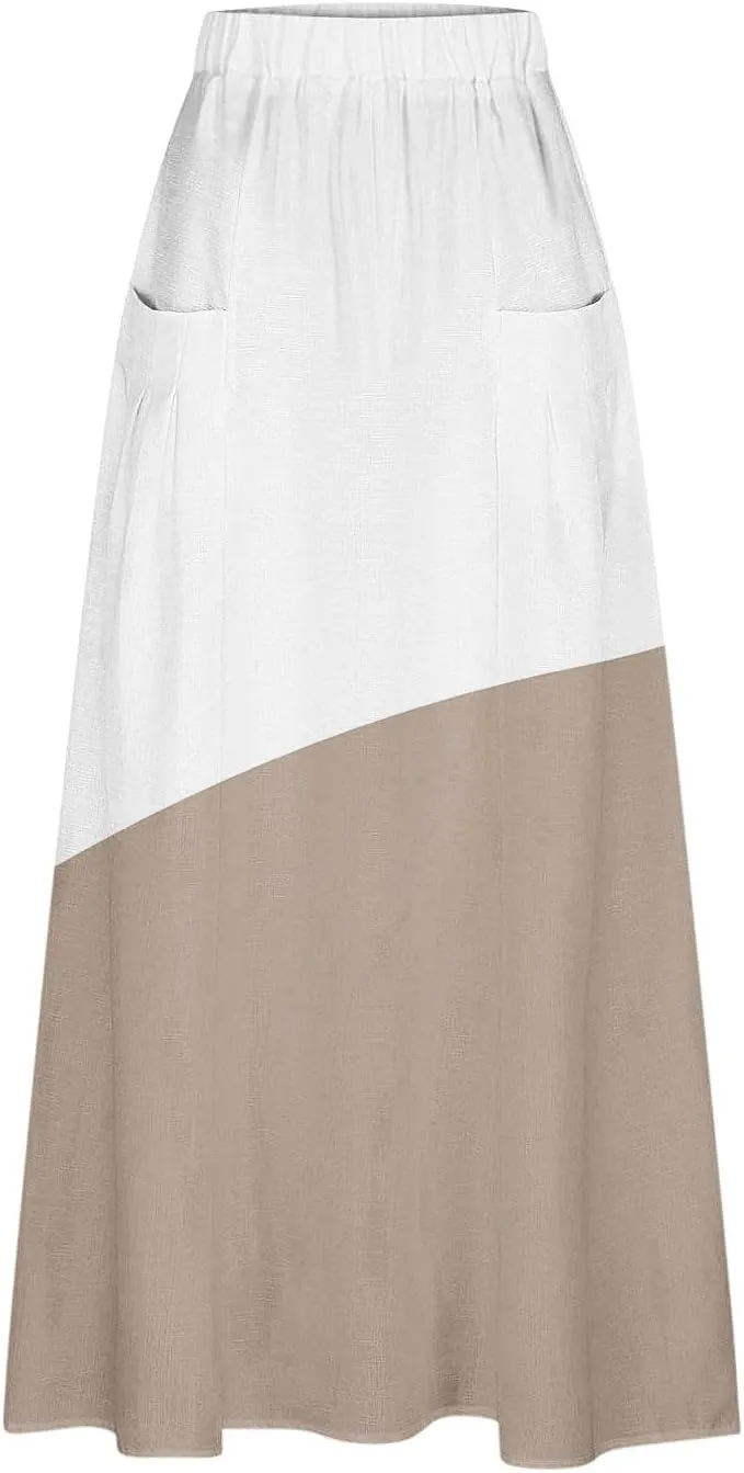Women Gradient Skirts Elastic Waist Color Block Casual Skirt Loose Flowy Long Skirts Summer Beach Skirt with Pocket
