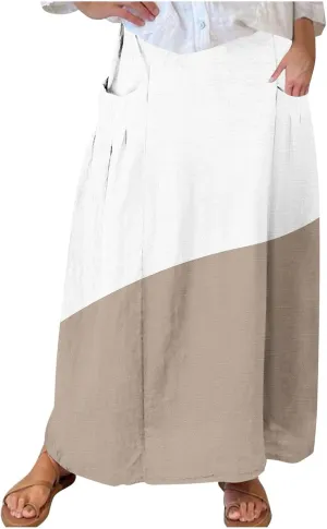 Women Gradient Skirts Elastic Waist Color Block Casual Skirt Loose Flowy Long Skirts Summer Beach Skirt with Pocket
