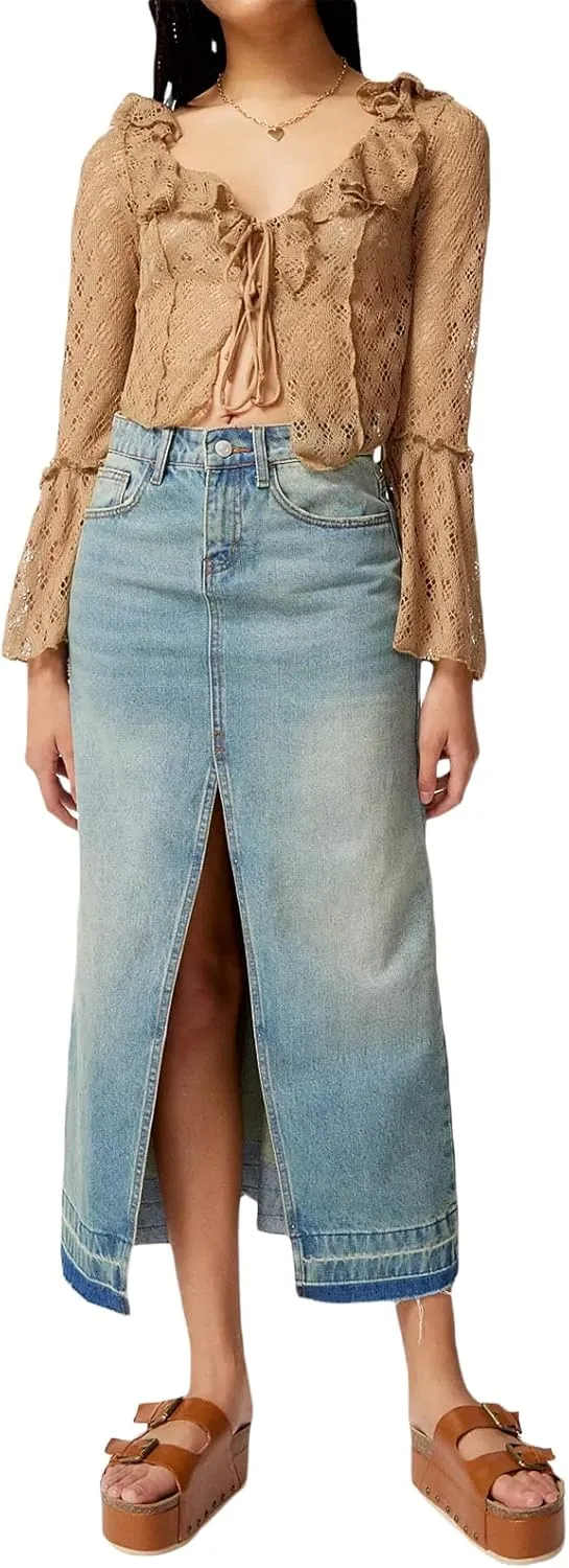 Women High Waist Denim Skirts Solid Color Tassel Hem Long Jeans Skirts Spring Summer Casual Skirts Streetwear