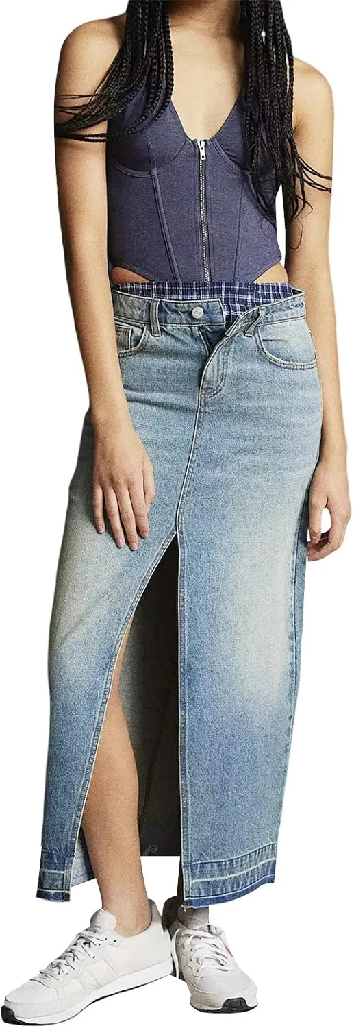 Women High Waist Denim Skirts Solid Color Tassel Hem Long Jeans Skirts Spring Summer Casual Skirts Streetwear