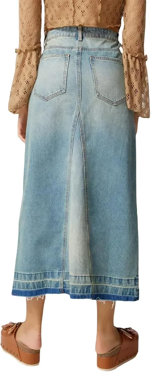 Women High Waist Denim Skirts Solid Color Tassel Hem Long Jeans Skirts Spring Summer Casual Skirts Streetwear