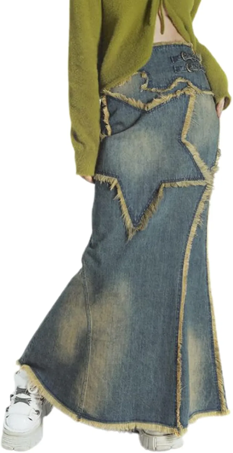 Women High Waist Denim Skirts Solid Color Tassel Hem Long Jeans Skirts Spring Summer Casual Skirts Streetwear