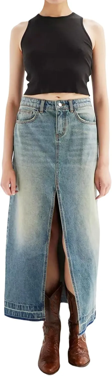 Women High Waist Denim Skirts Solid Color Tassel Hem Long Jeans Skirts Spring Summer Casual Skirts Streetwear