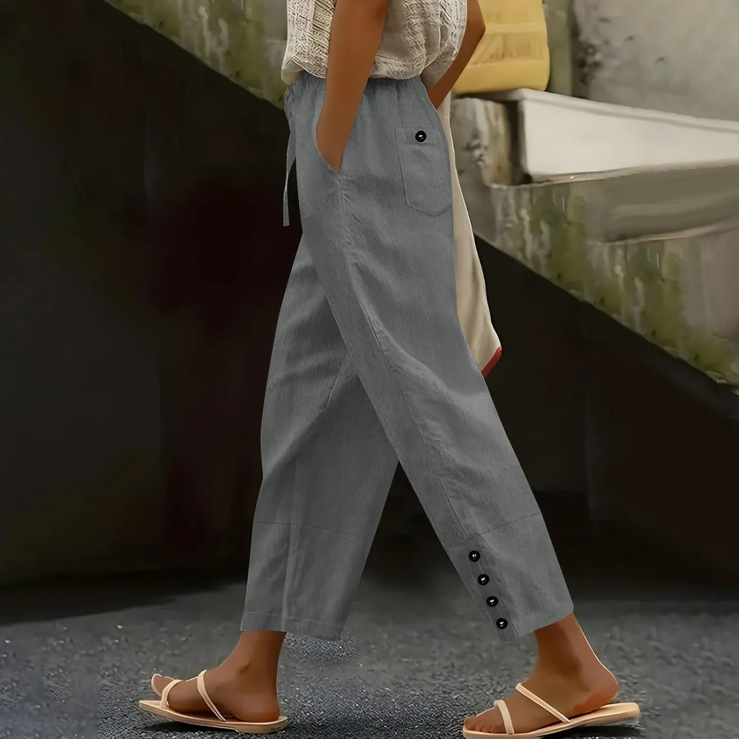 Women High Waisted Pants with Pockets Straight Leg Casual Trousers Pants Beach Summer Pants Loose Vacation Pants