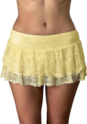 Women Lace Mini Skirts Club Y2k Low Waist Sexy Pleated Ruffled Hem Layered Skirts Short Skirts Streetwear