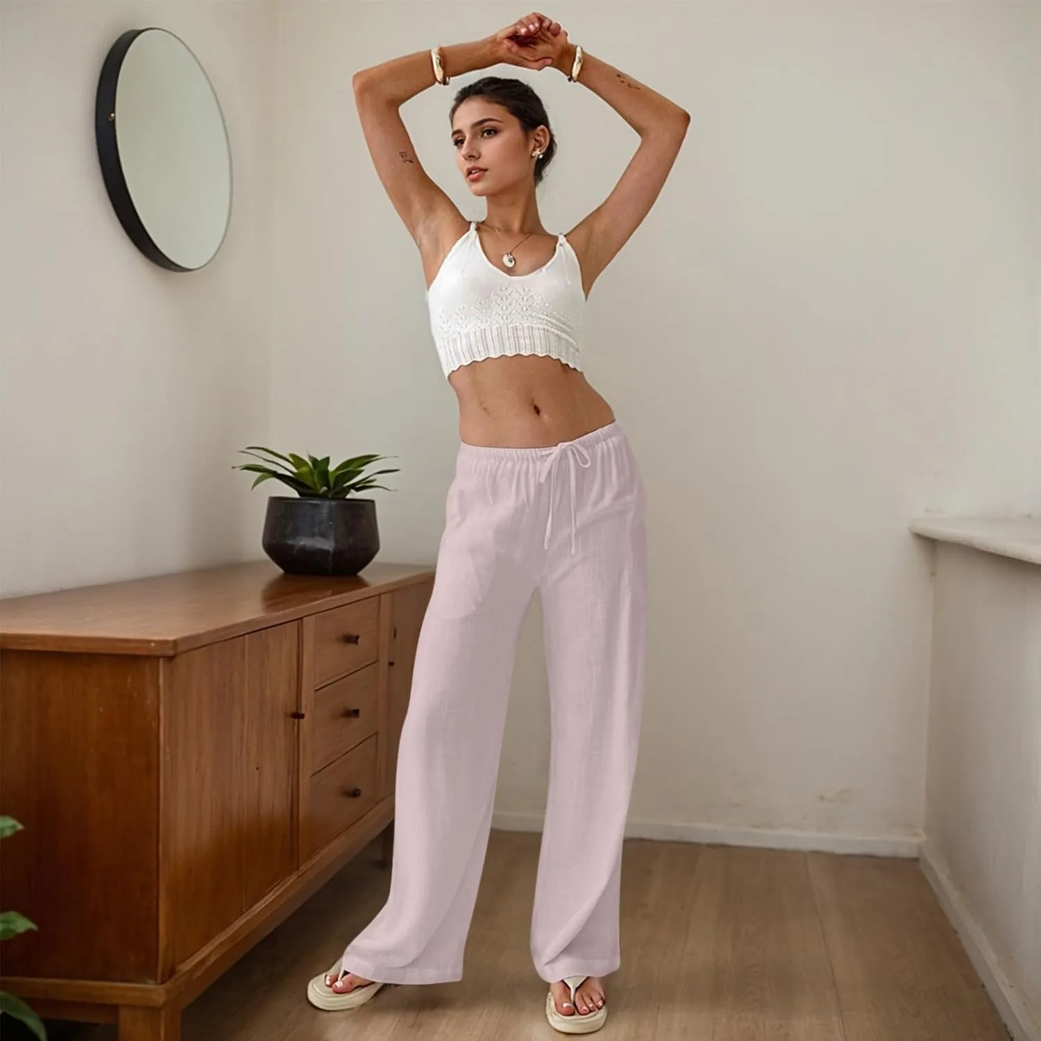 Women Linen Pants Summer Wide Leg Pants with Pockets Boho Beach Pants High Waist Drawstring Flowy Palazzo Pants
