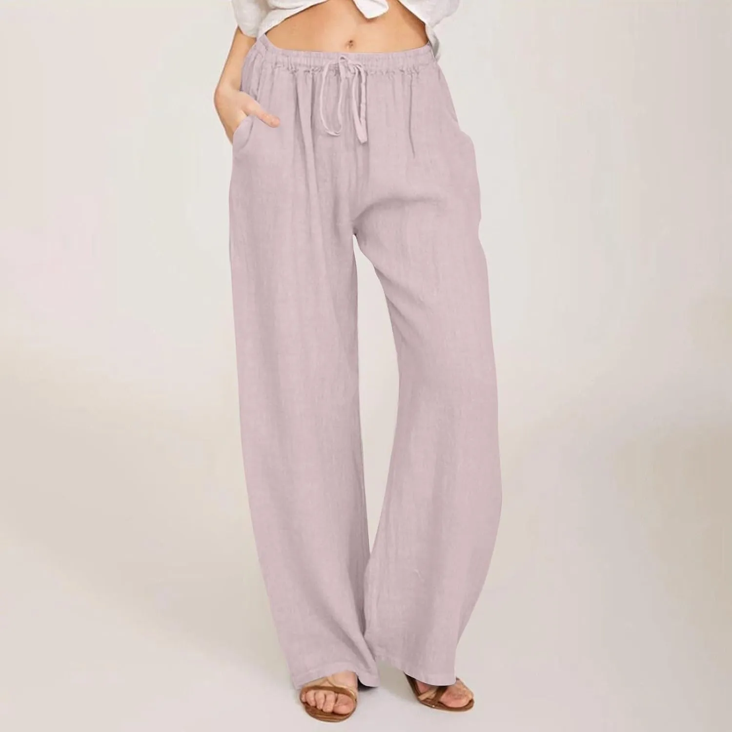Women Linen Pants Summer Wide Leg Pants with Pockets Boho Beach Pants High Waist Drawstring Flowy Palazzo Pants