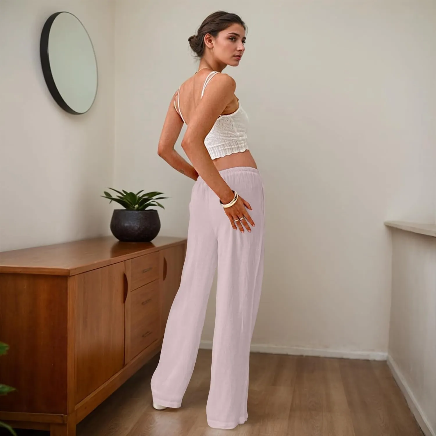 Women Linen Pants Summer Wide Leg Pants with Pockets Boho Beach Pants High Waist Drawstring Flowy Palazzo Pants