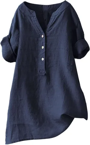 Women Linen Shirts V Neck Button Up Blouse Collar Summer Tee Shirts Long Sleeve Loose T-Shirt
