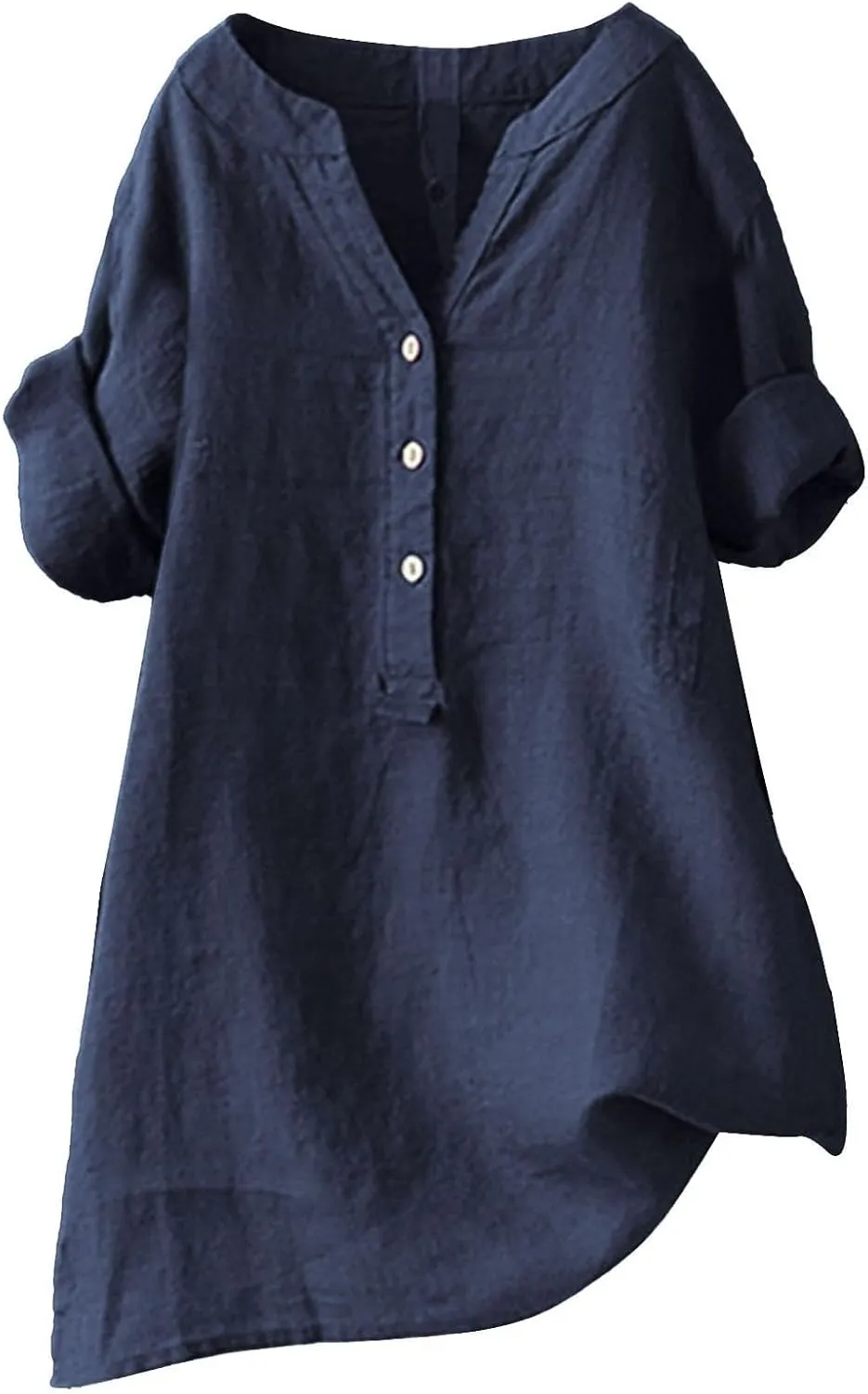 Women Linen Shirts V Neck Button Up Blouse Collar Summer Tee Shirts Long Sleeve Loose T-Shirt