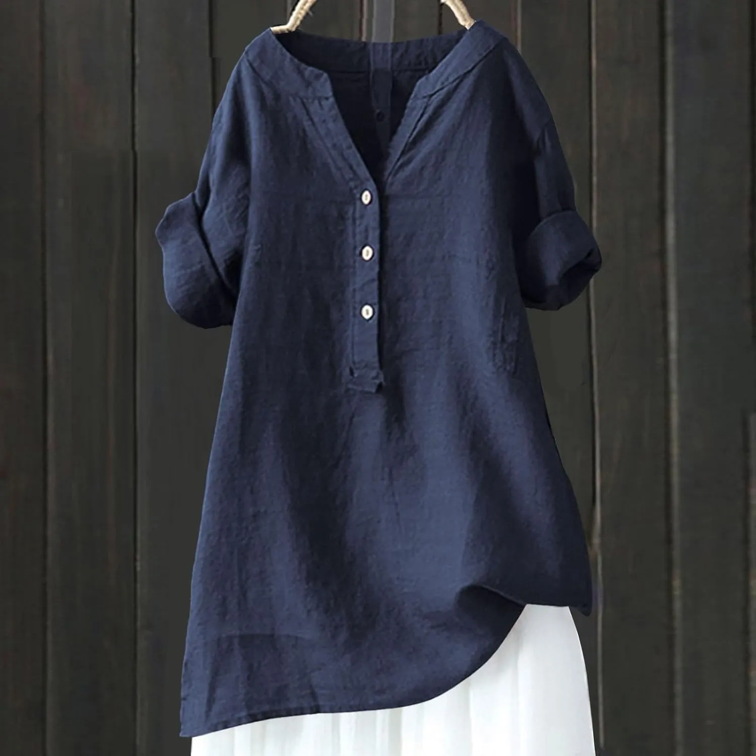 Women Linen Shirts V Neck Button Up Blouse Collar Summer Tee Shirts Long Sleeve Loose T-Shirt