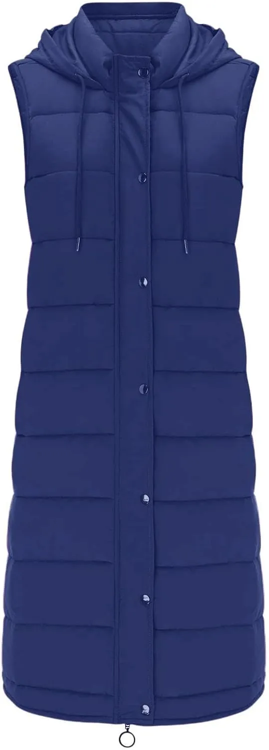 Women Long Vest Coat Down Jacket Warm Winter Sleeveless Quilted Parkas Overcoats Pocket Hooded Puffer Jackets
