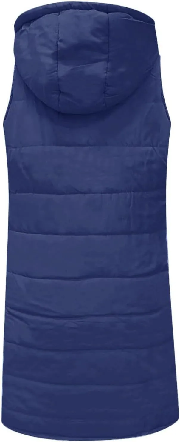 Women Long Vest Coat Down Jacket Warm Winter Sleeveless Quilted Parkas Overcoats Pocket Hooded Puffer Jackets