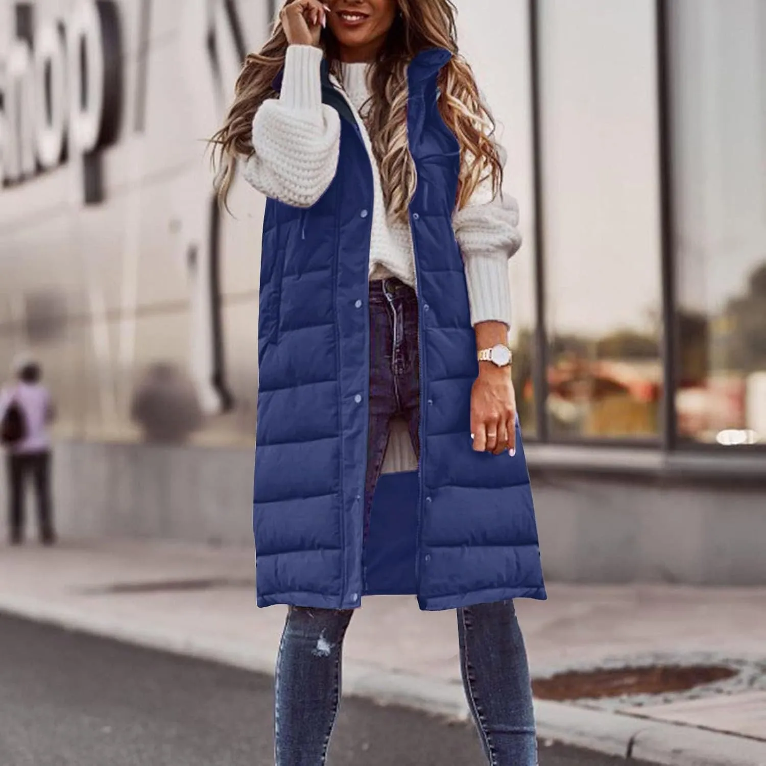 Women Long Vest Coat Down Jacket Warm Winter Sleeveless Quilted Parkas Overcoats Pocket Hooded Puffer Jackets