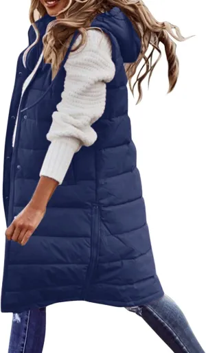 Women Long Vest Coat Down Jacket Warm Winter Sleeveless Quilted Parkas Overcoats Pocket Hooded Puffer Jackets