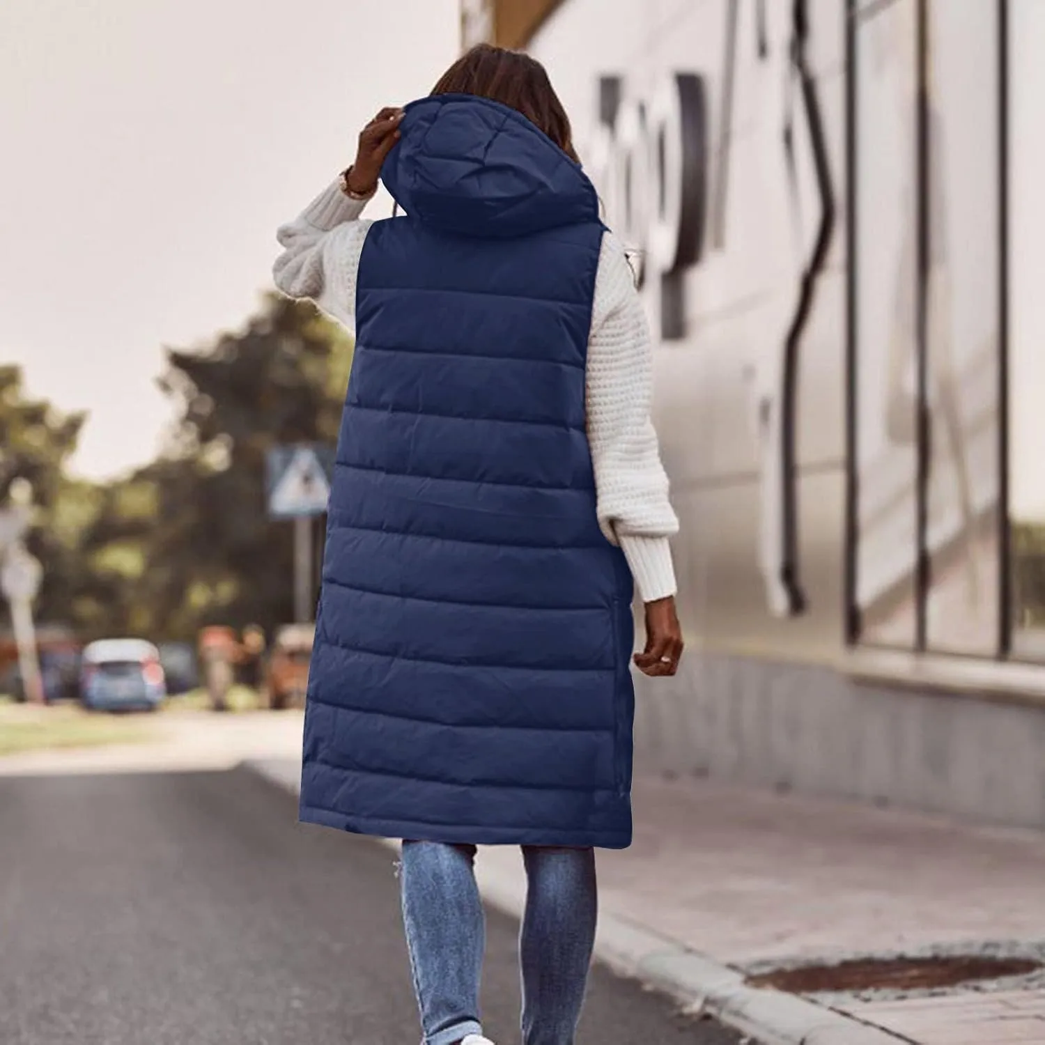 Women Long Vest Coat Down Jacket Warm Winter Sleeveless Quilted Parkas Overcoats Pocket Hooded Puffer Jackets