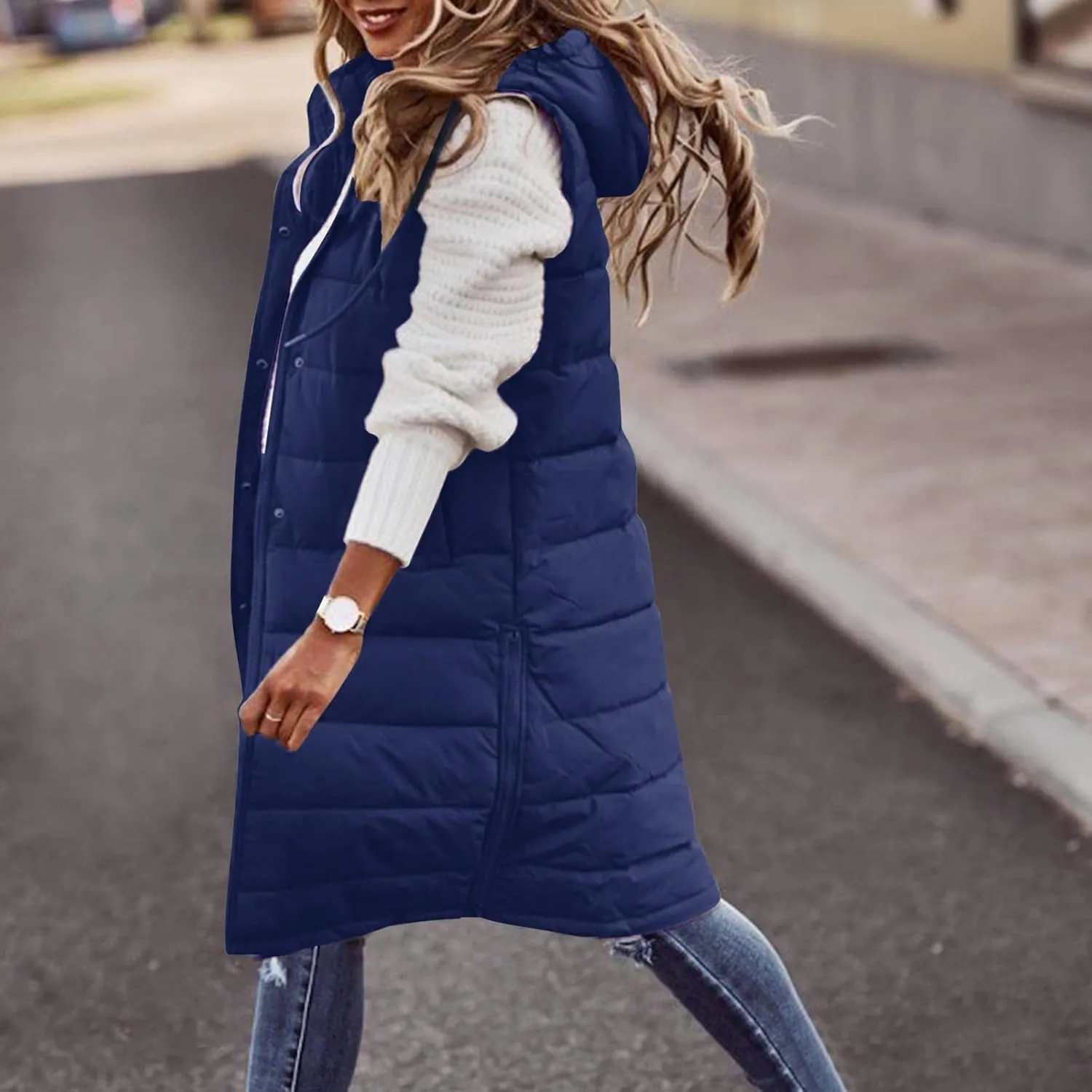 Women Long Vest Coat Down Jacket Warm Winter Sleeveless Quilted Parkas Overcoats Pocket Hooded Puffer Jackets