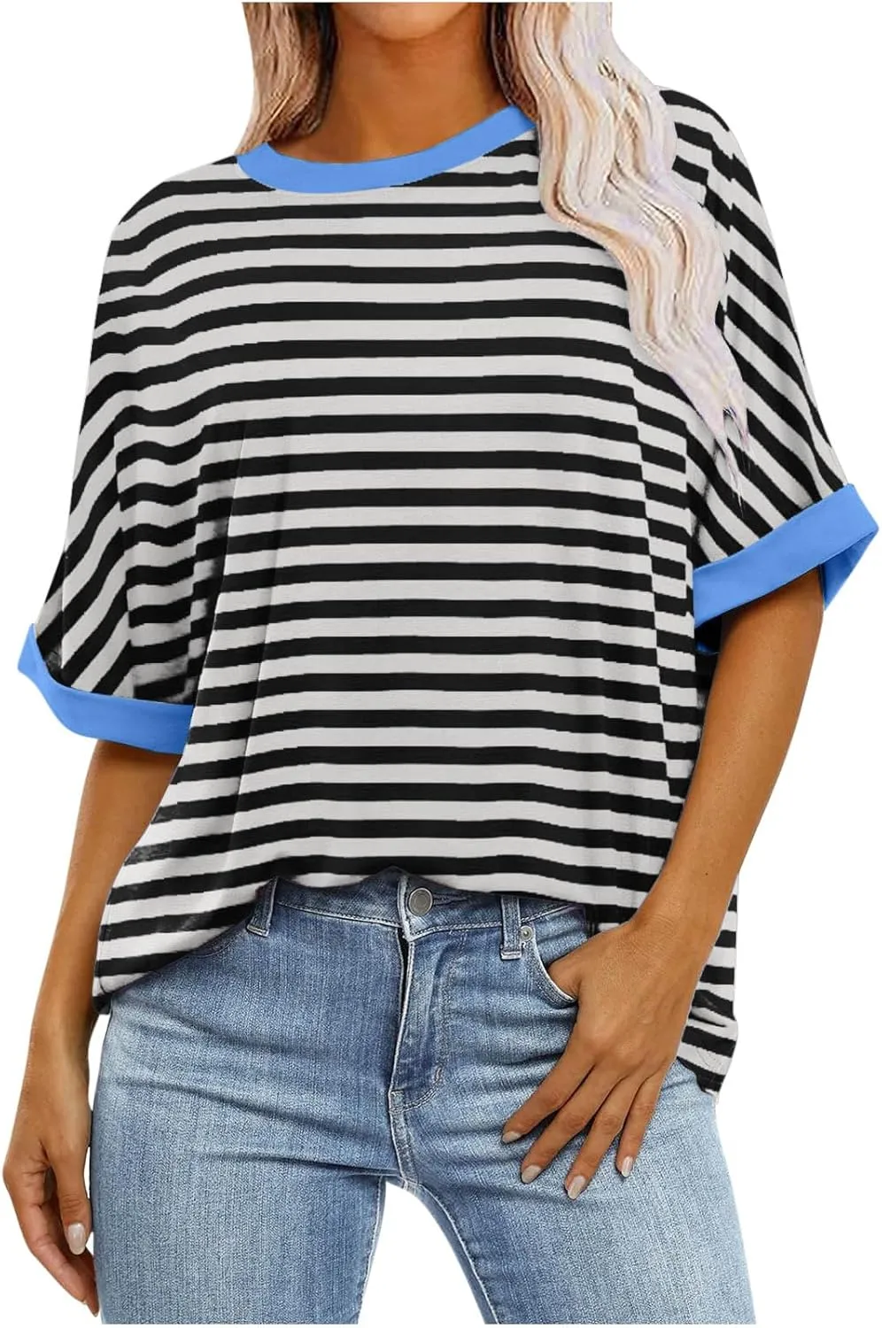 Women Oversized Tshirts 2024 Casual Short Sleeve Crewneck Blouse Tops Trendy Stripes Tops Ladies Summer Clothes