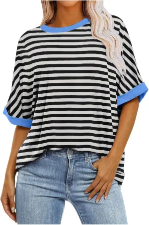 Women Oversized Tshirts 2024 Casual Short Sleeve Crewneck Blouse Tops Trendy Stripes Tops Ladies Summer Clothes