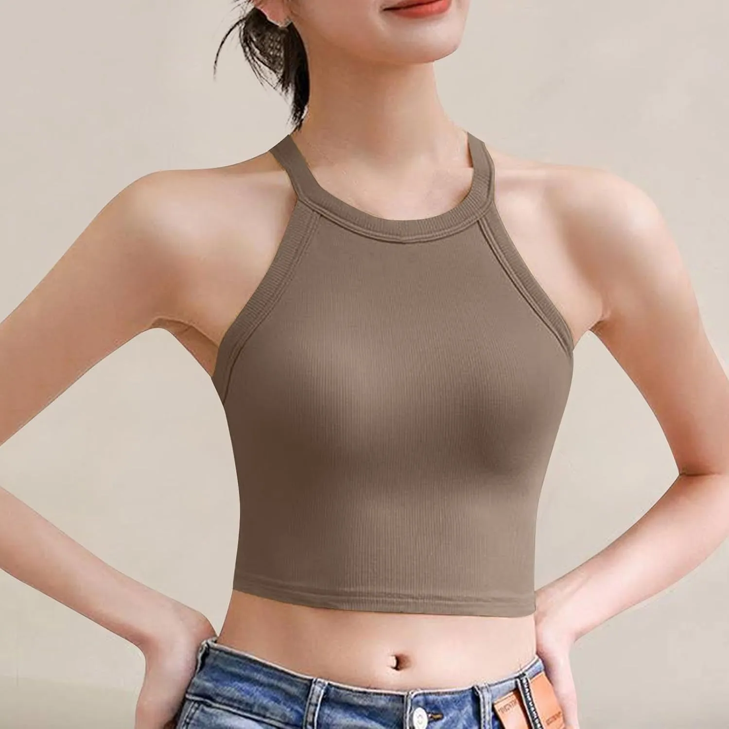 Women Ribbed Halter Yoga Tank Tops Summer Built in Bra Slim Fit Crop Camisole Casual Comfy Workout Sleeveless Shirts